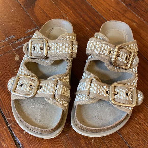 Zara slides with chunky gold buckles / leather and woven fabric - Picture 4 of 7